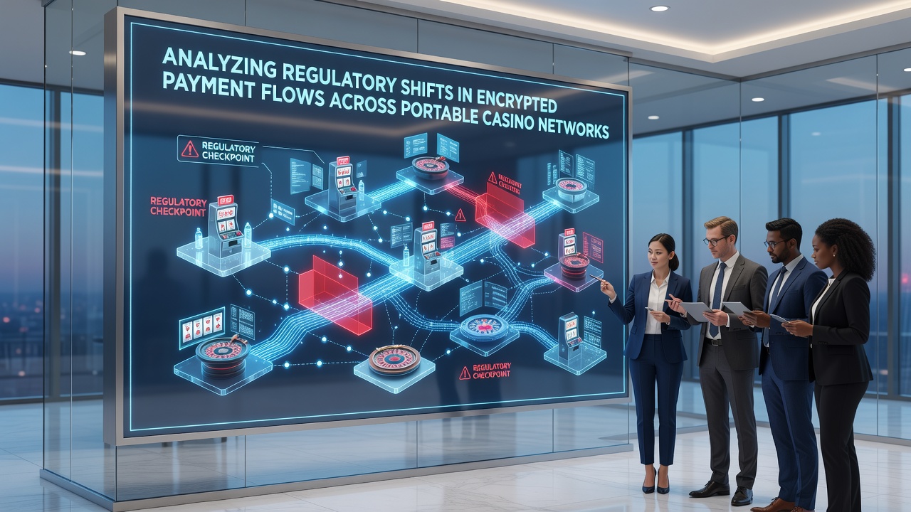 Regulatory documents and encrypted transaction diagrams overlaying mobile casino app interfaces on tablet devices