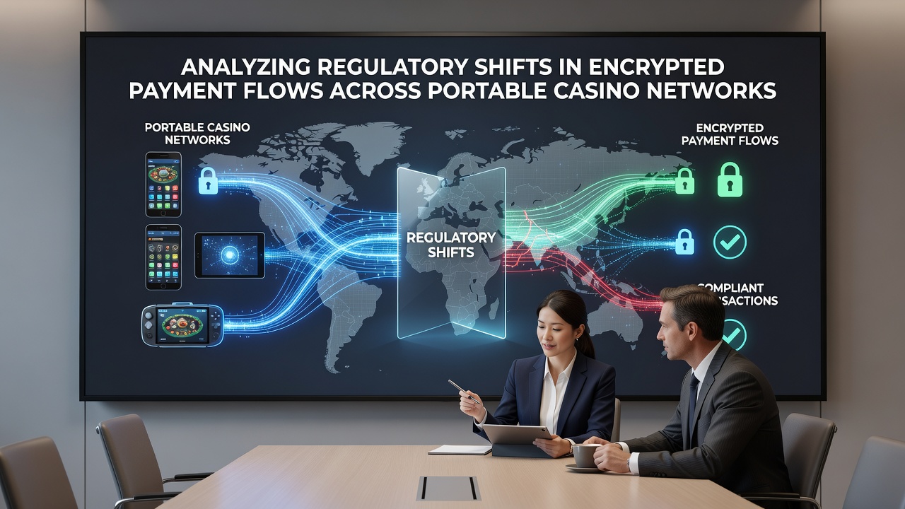 Network flow charts showing encrypted payment pathways between mobile devices and casino servers with regulatory compliance markers