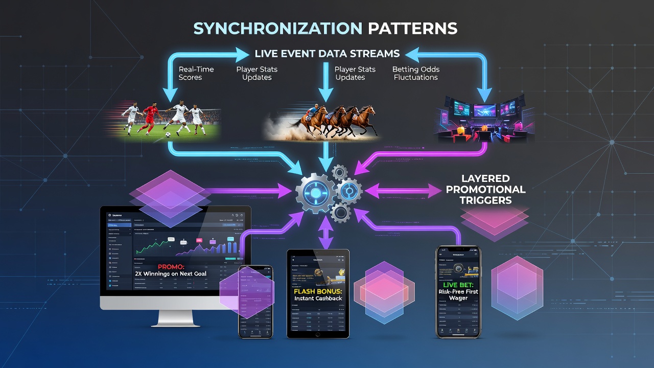 Diagram showing real-time data streams syncing with promotional layers on multiple wagering devices