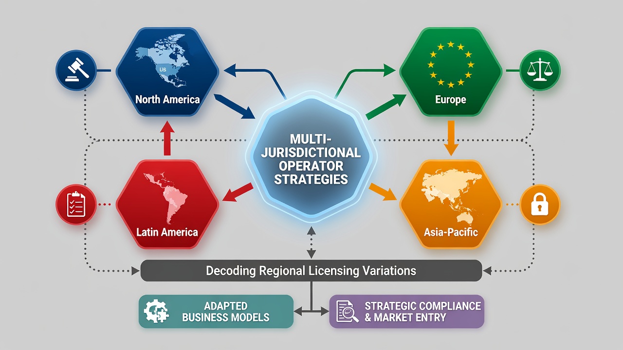 Team of analysts reviewing regional lottery regulations and compliance documents for multi-jurisdictional operations