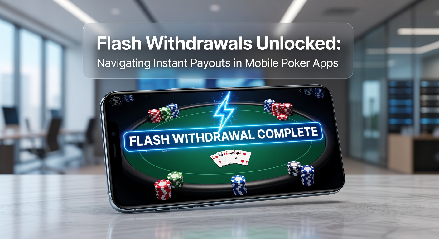 Close-up of hands holding a phone with poker app open, showing a successful flash withdrawal confirmation screen with timer at 2:47 elapsed