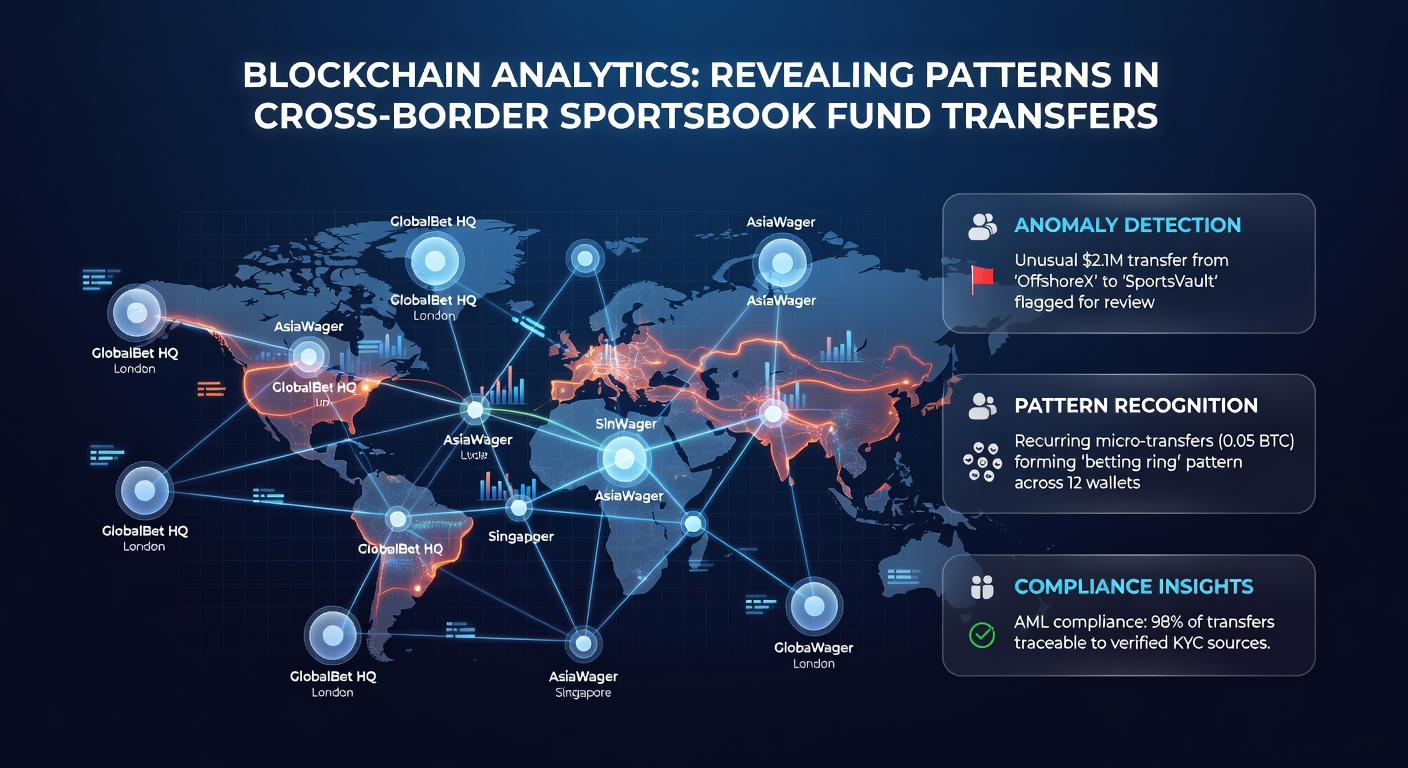 Network graph visualization of cross-border sportsbook fund flows detected through blockchain analysis