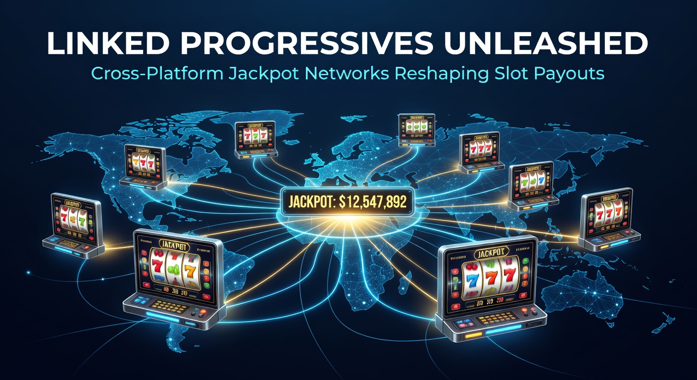 Dynamic visualization of interconnected slot machines and digital platforms feeding into a massive shared jackpot pool, highlighting cross-platform progressive networks
