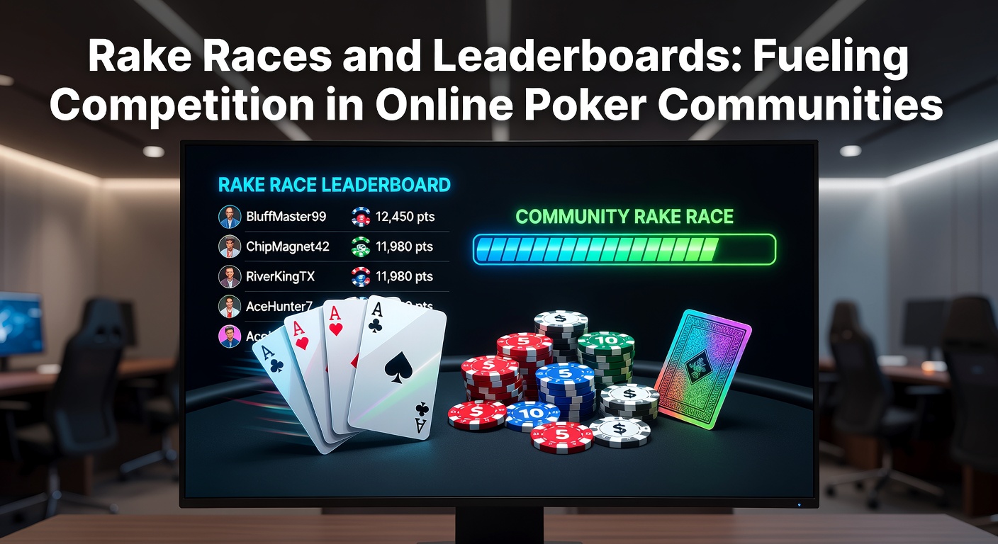 Online poker players competing in a heated rake race leaderboard, screens filled with rankings and prize pools