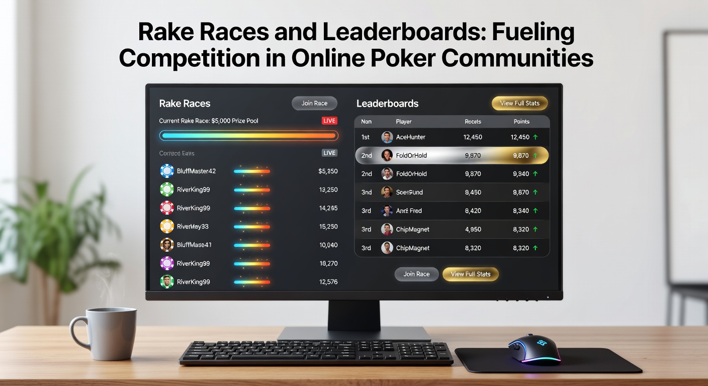 Close-up of a poker leaderboard during a rake race, showing top players' points and escalating prize tiers