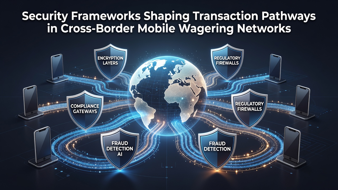 Flowchart of encrypted transaction pathways connecting mobile devices to international wagering servers